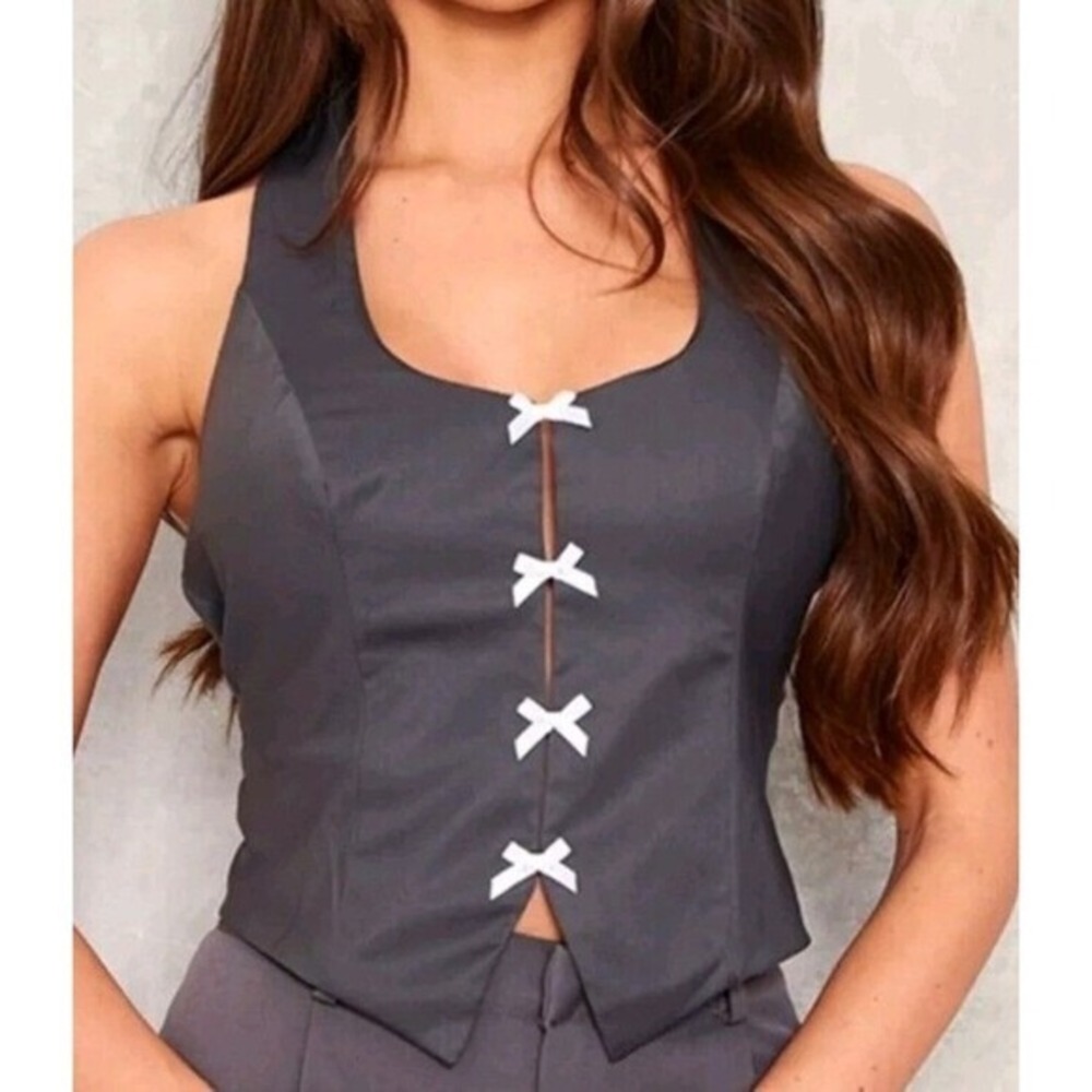 Charcoal Halter Neck Bows Womens Top Blouse size 12 Dark Gray